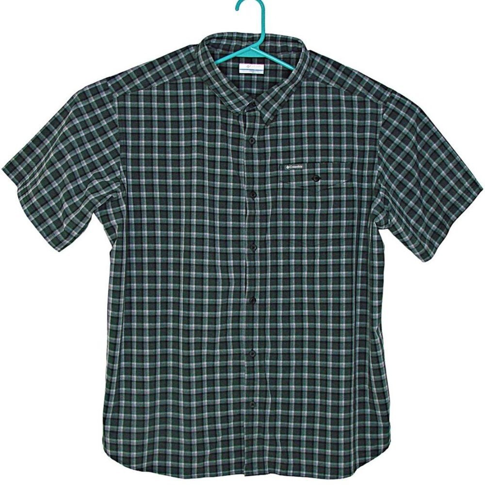 Columbia Mens Gray Black Plaid Checkered Pocketed Button Up Work Dress Shirt XXL